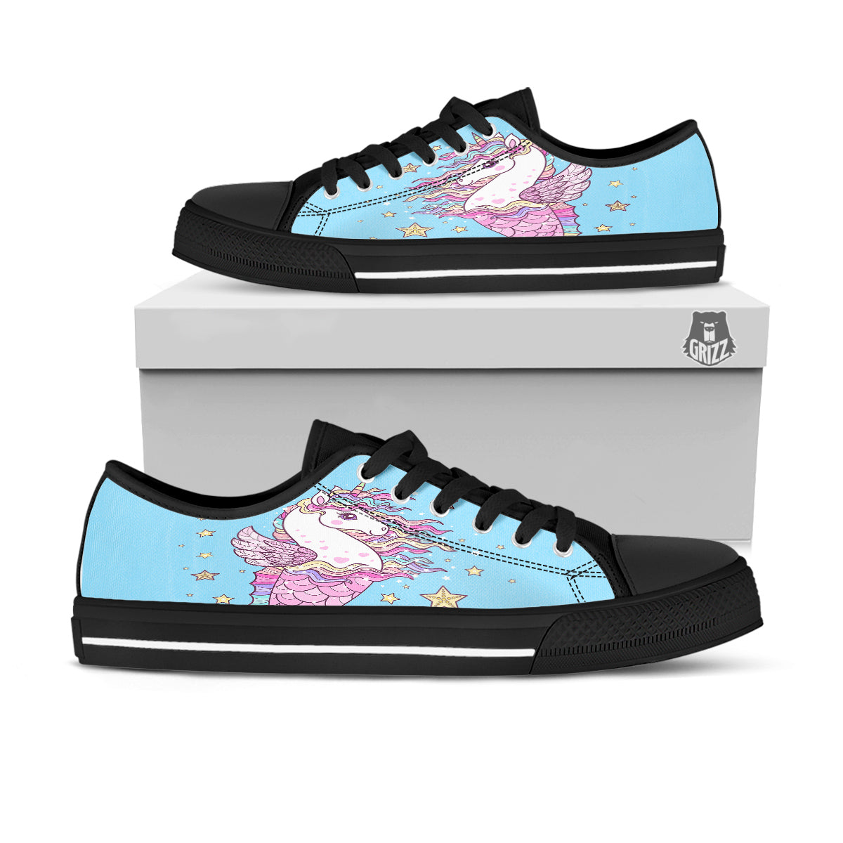 Seahorse Colorful Print Black Low Top Shoes-grizzshop