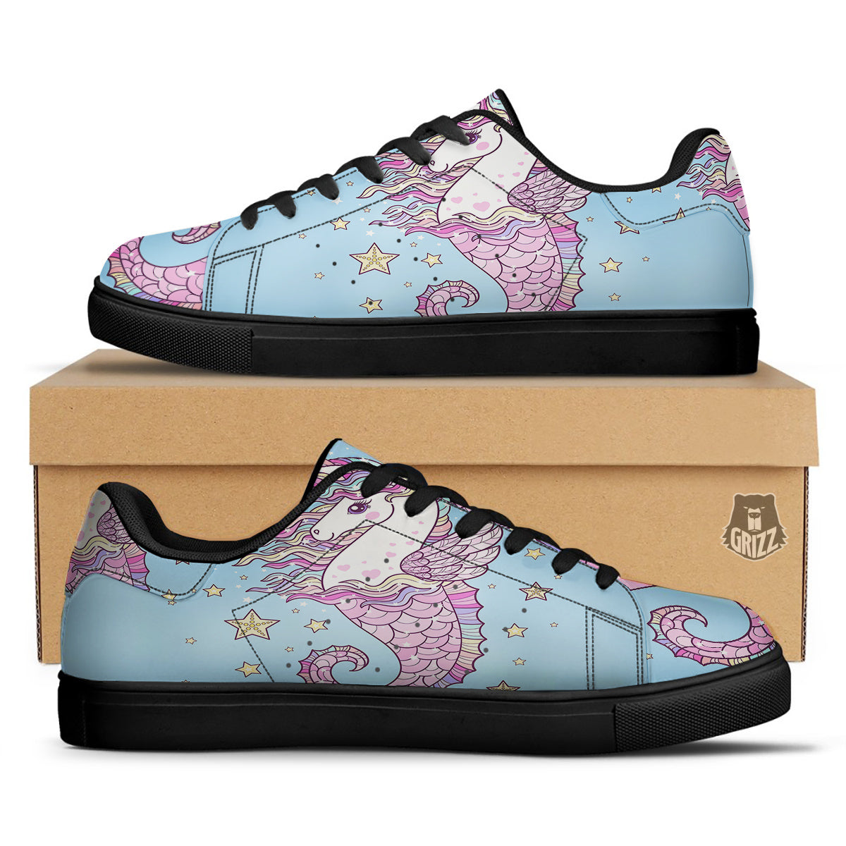 Seahorse Colorful Print Black Low Top Sneakers-grizzshop