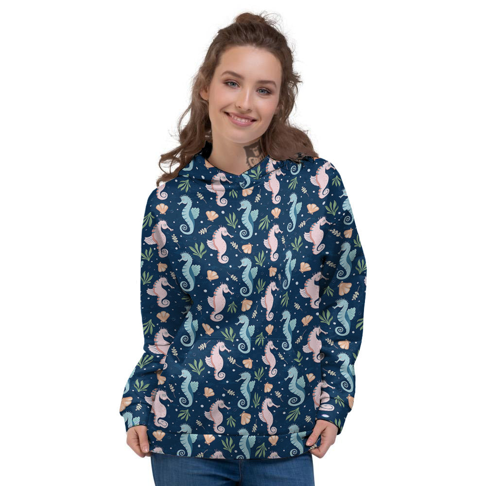 Seahorse Navy Pattern Print Hooded Blanket
