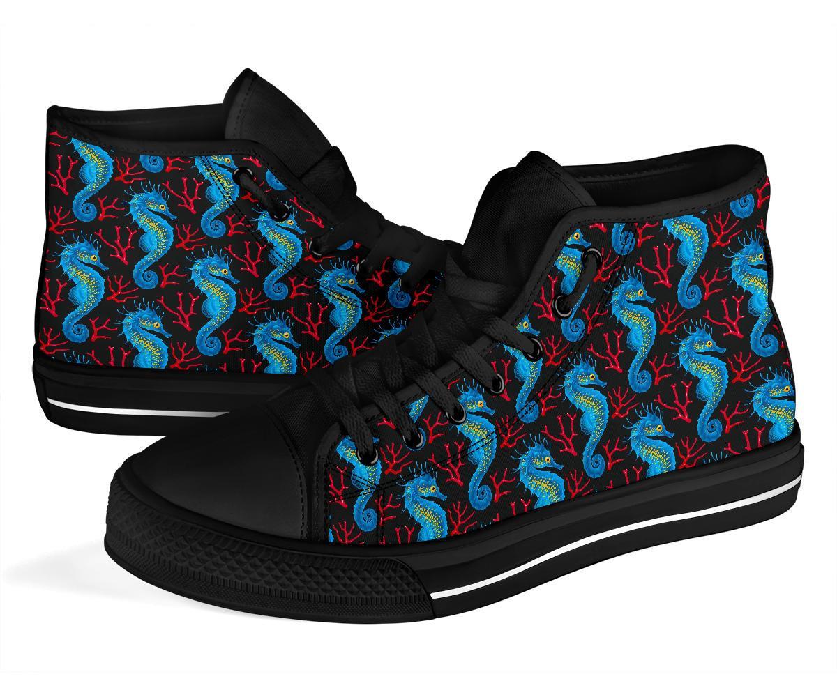 Seahorse Navy Pattern Print Men Women's High Top Shoes-grizzshop
