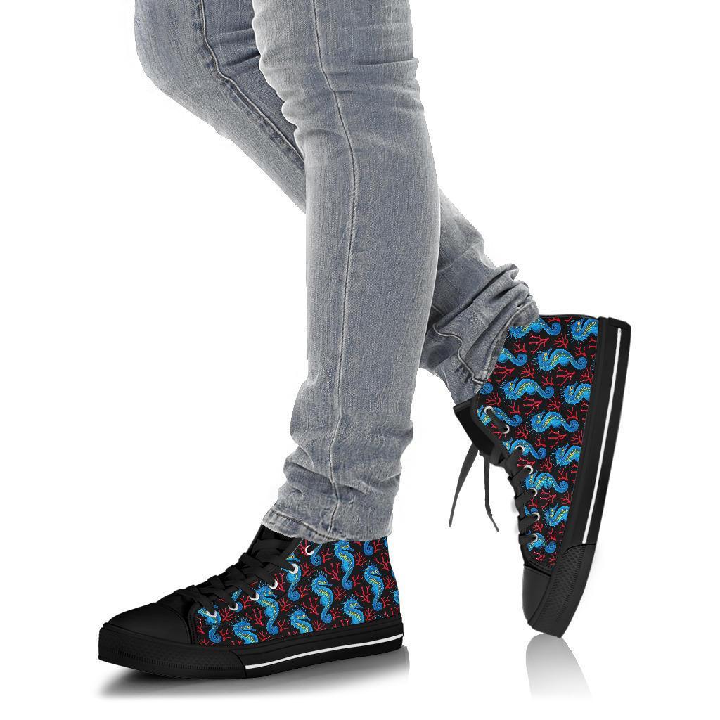 Seahorse Navy Pattern Print Men Women's High Top Shoes-grizzshop