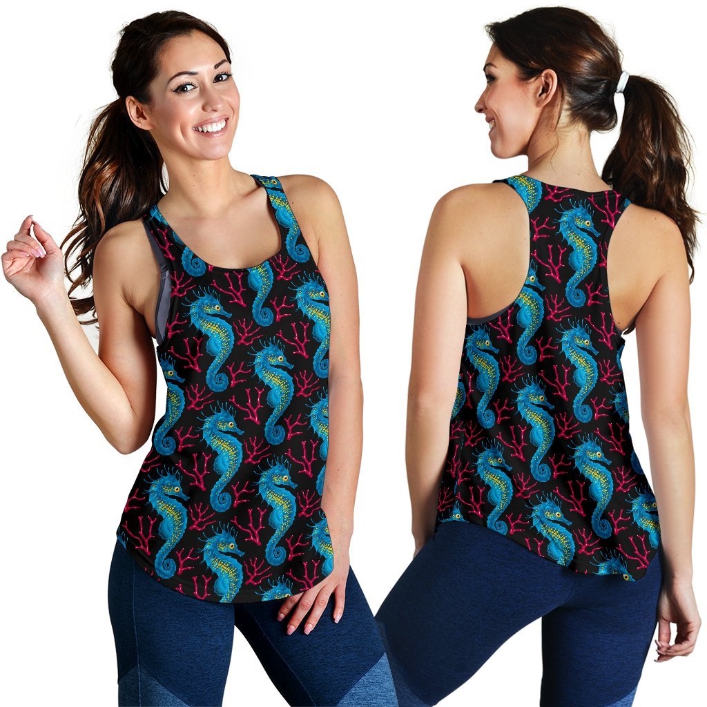 Seahorse Navy Pattern Print Women's Racerback Tank Tops-grizzshop