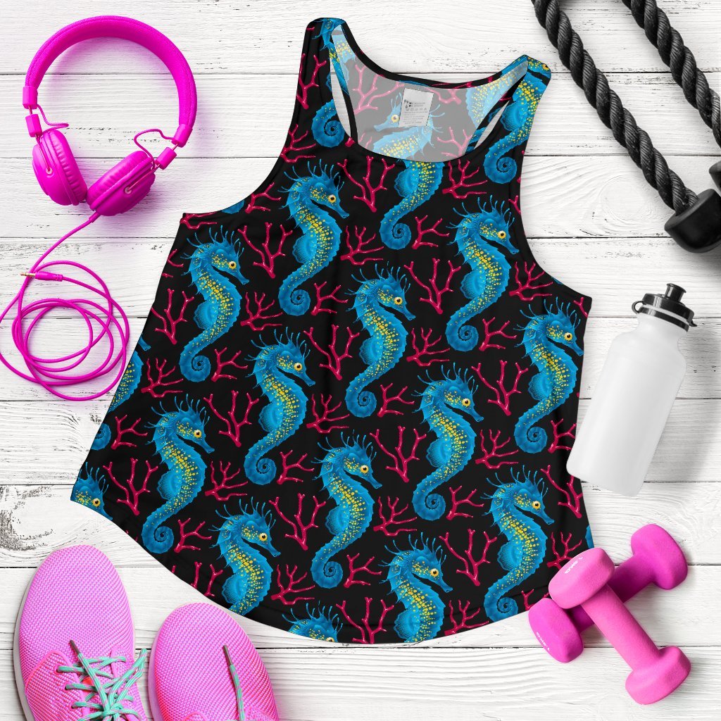 Seahorse Navy Pattern Print Women's Racerback Tank Tops-grizzshop