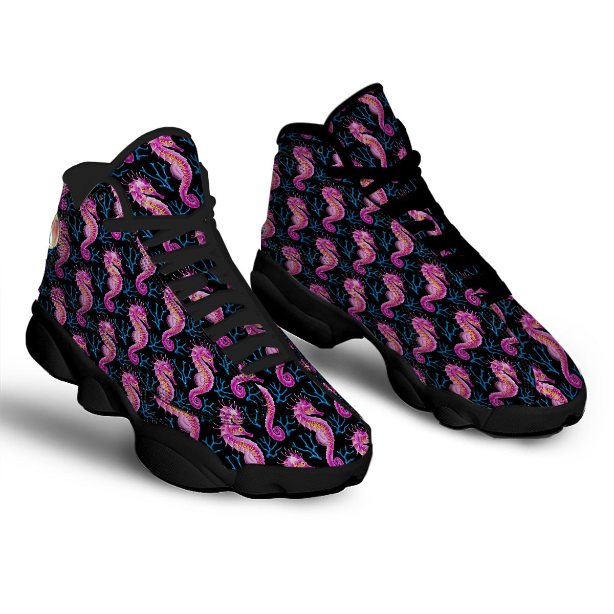 Seahorse Purple Print Pattern Black Basketball Shoes-grizzshop