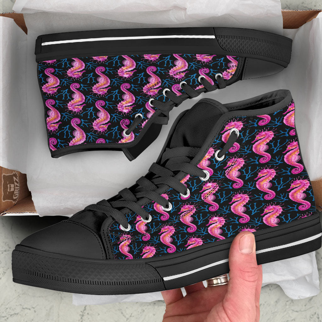 Seahorse Purple Print Pattern Black High Top Shoes-grizzshop