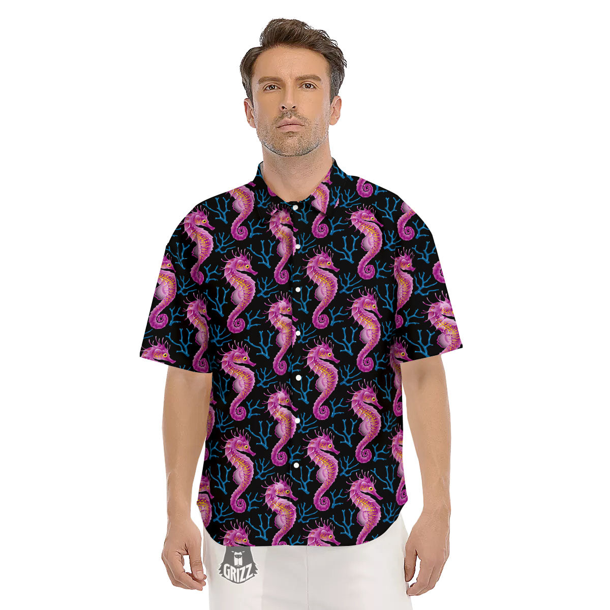 Seahorse Purple Print Pattern Men's Short Sleeve Shirts-grizzshop