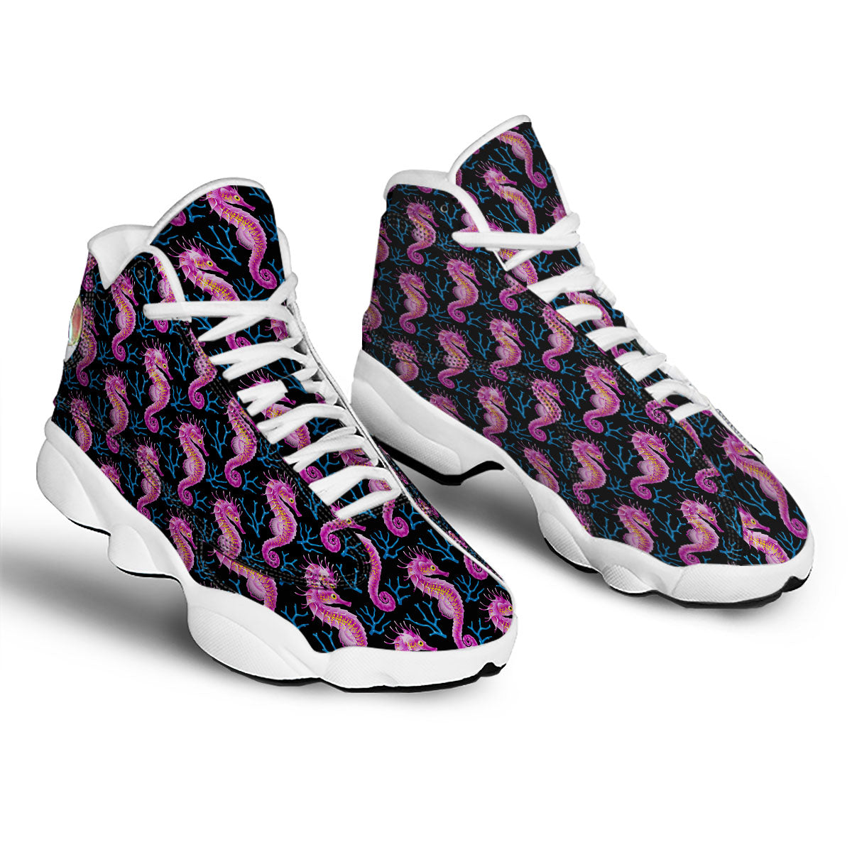 Seahorse Purple Print Pattern White Basketball Shoes-grizzshop