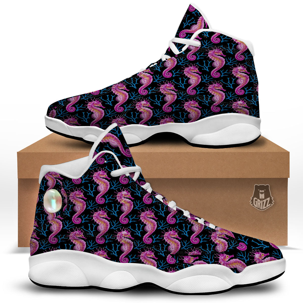 Seahorse Purple Print Pattern White Basketball Shoes-grizzshop