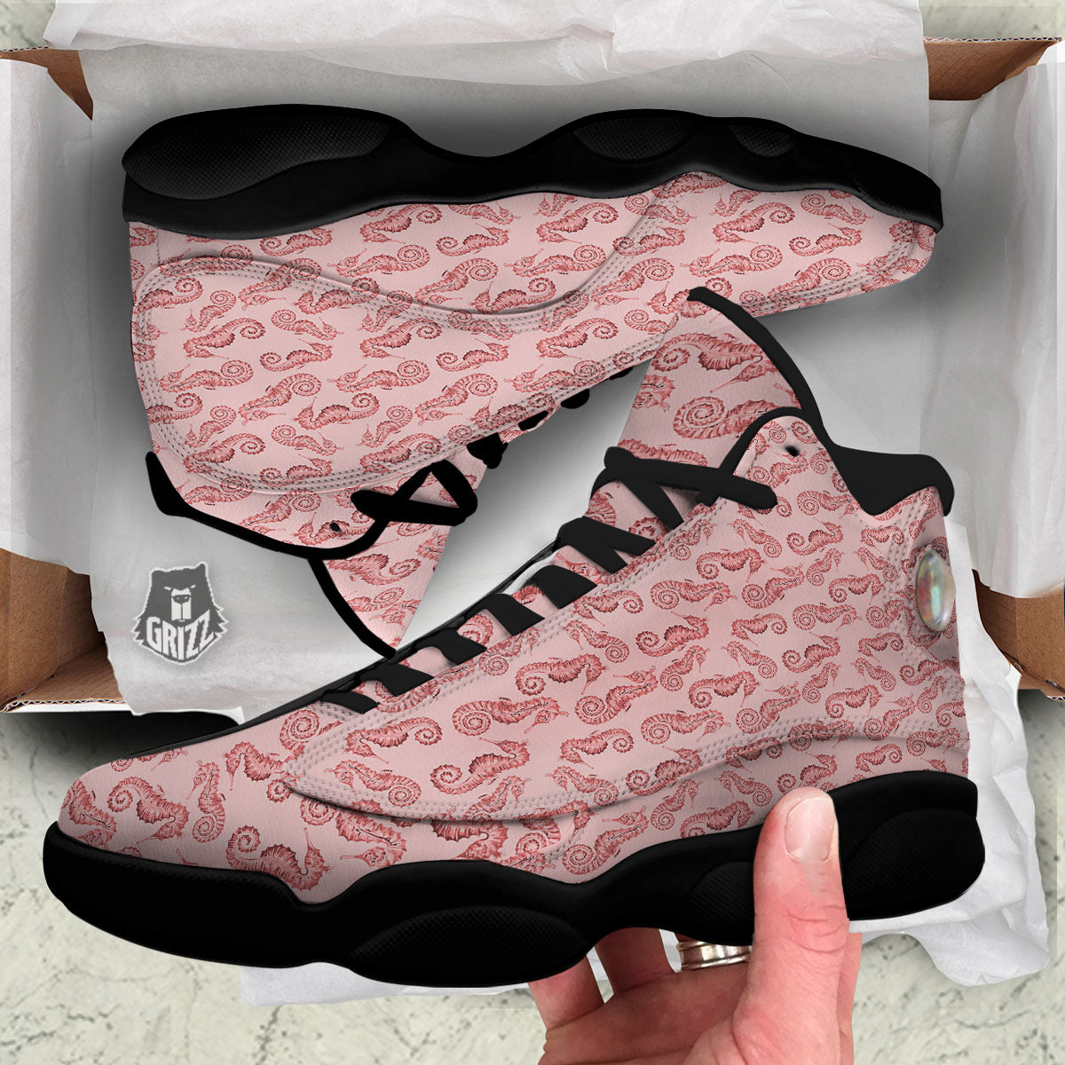 Seahorse Watercolor Print Pattern Black Basketball Shoes-grizzshop