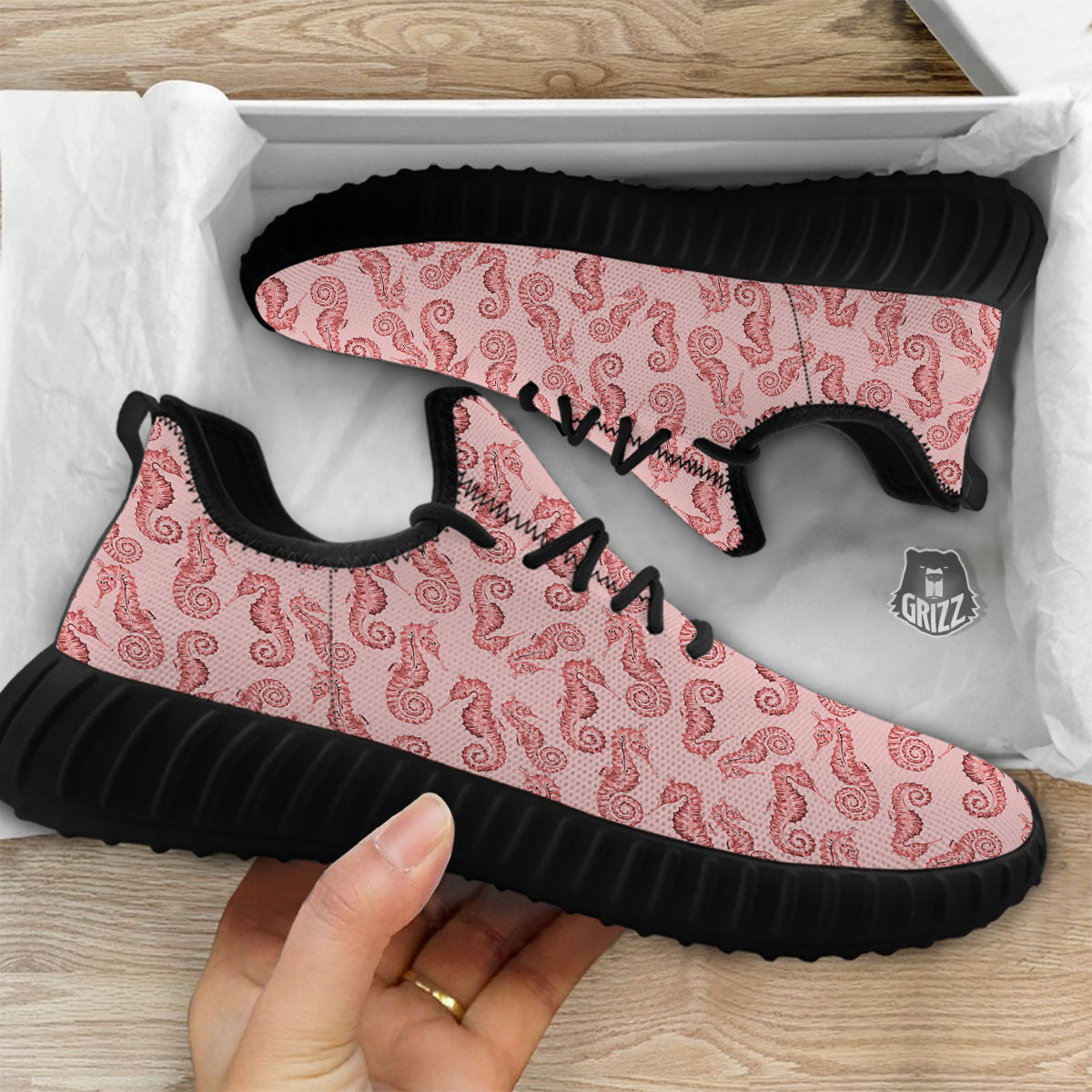 Seahorse Watercolor Print Pattern Black Walking Shoes-grizzshop