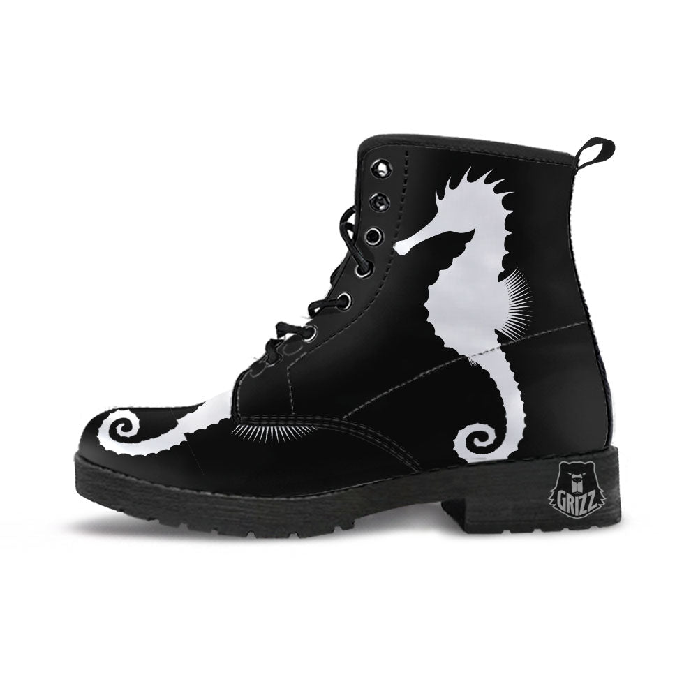 Seahorse White And Black Print Leather Boots-grizzshop