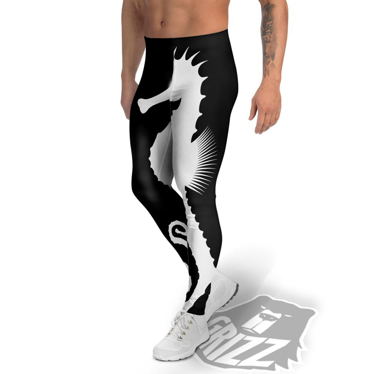 Seahorse White And Black Print Men's Leggings-grizzshop