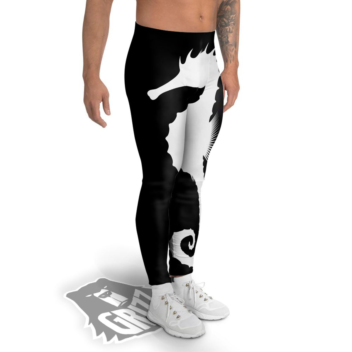 Seahorse White And Black Print Men's Leggings-grizzshop