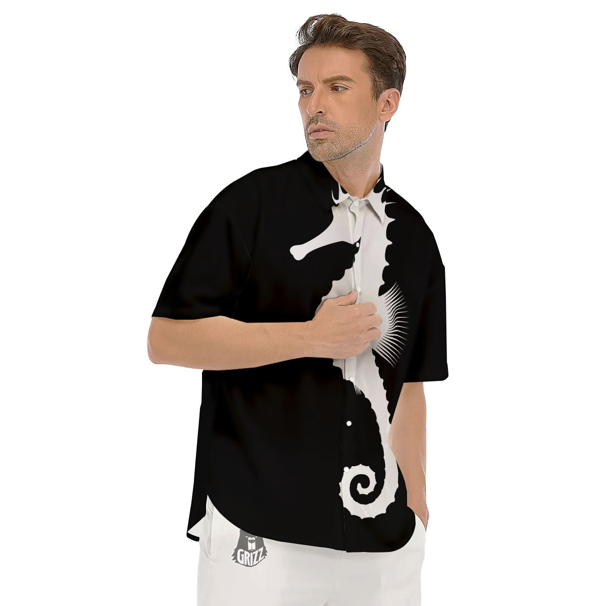 Seahorse White And Black Print Men's Short Sleeve Shirts-grizzshop