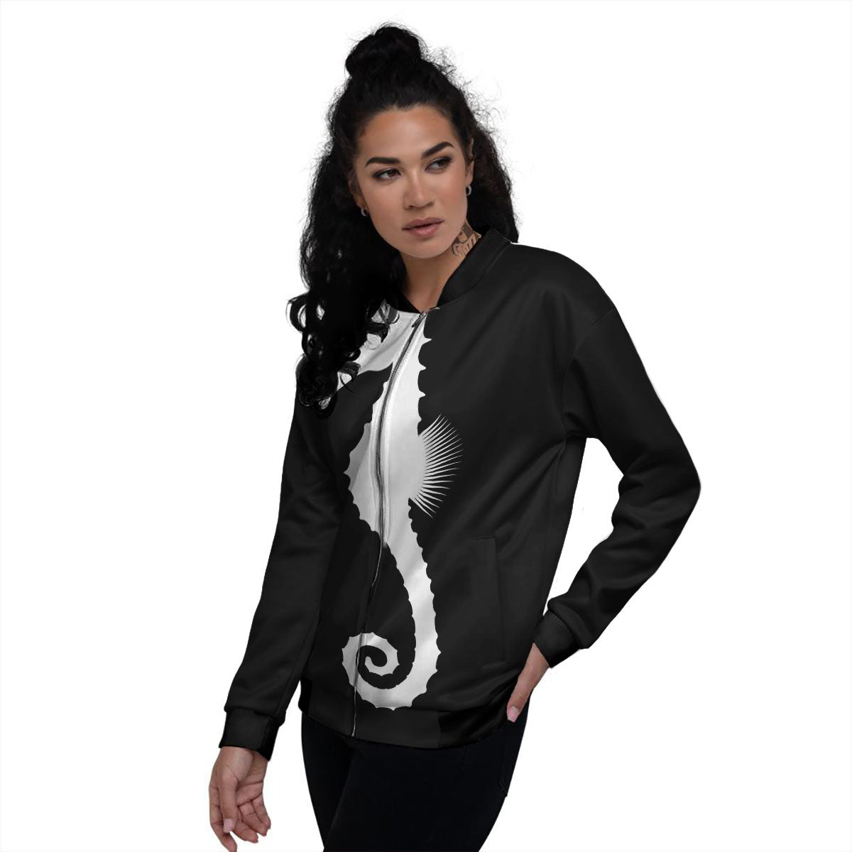 Seahorse White And Black Print Women's Bomber Jacket-grizzshop