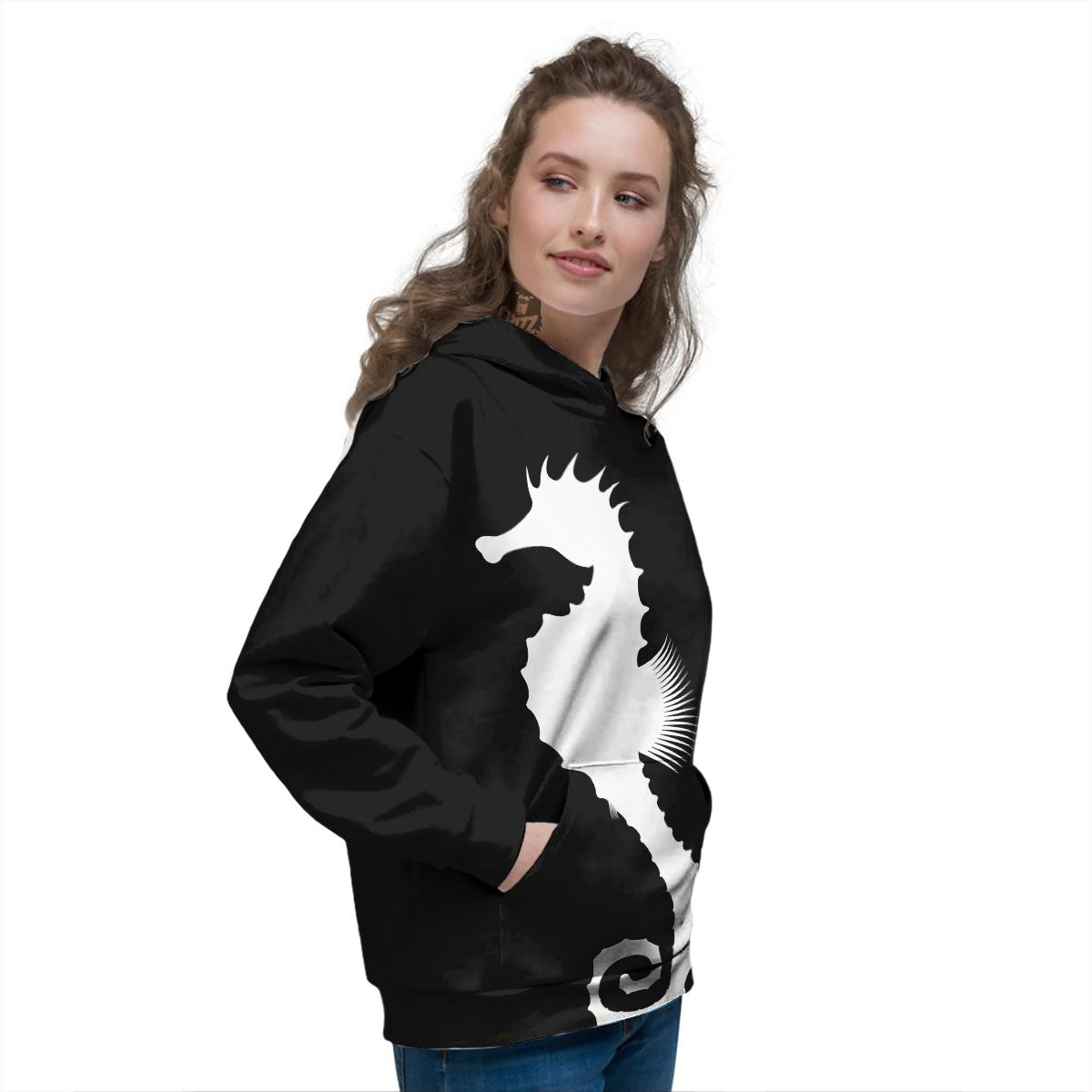 Seahorse White And Black Print Women's Hoodie-grizzshop