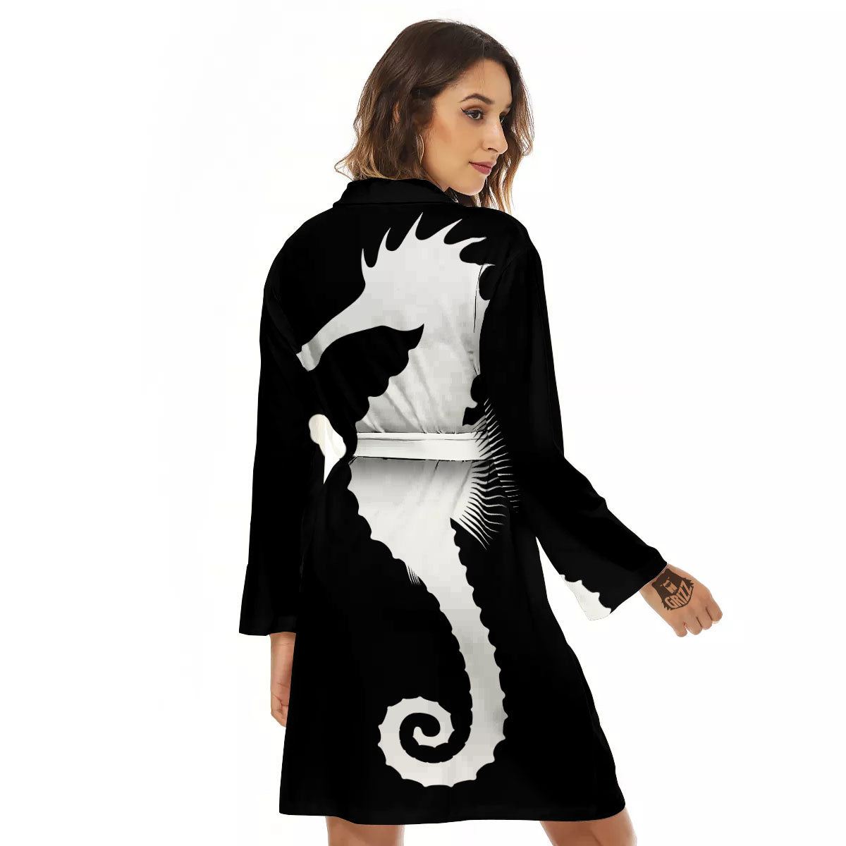 Seahorse White And Black Print Women's Robe-grizzshop