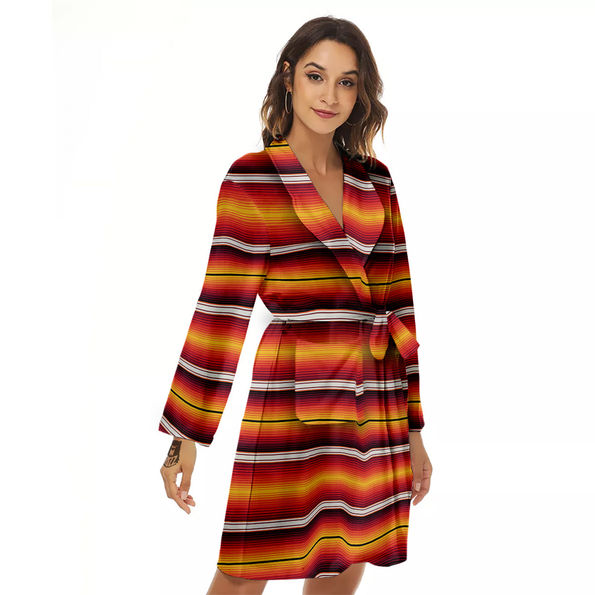 Serape Ethnic Boho Stripes Mexican Black Orange Print Women's Robe-grizzshop