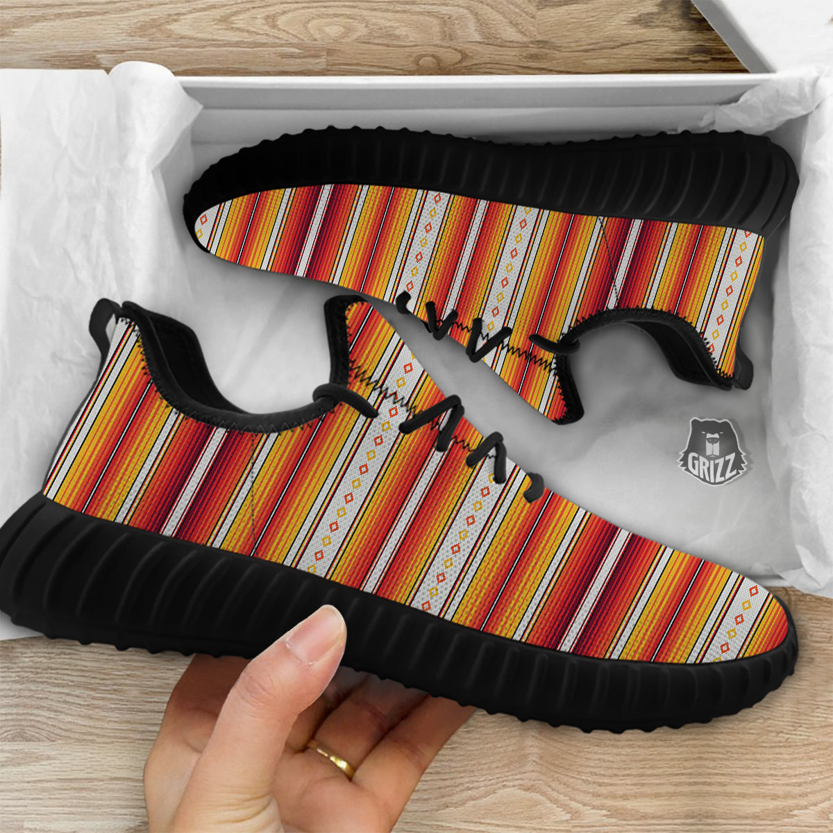 Serape Ethnic Boho Stripes Mexican Orange Print Black Walking Shoes-grizzshop