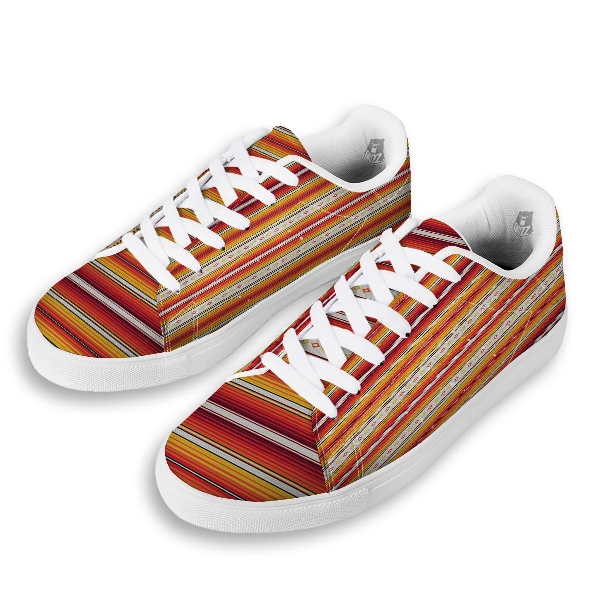 Serape Ethnic Boho Stripes Mexican Orange Print White Low Top Sneakers-grizzshop