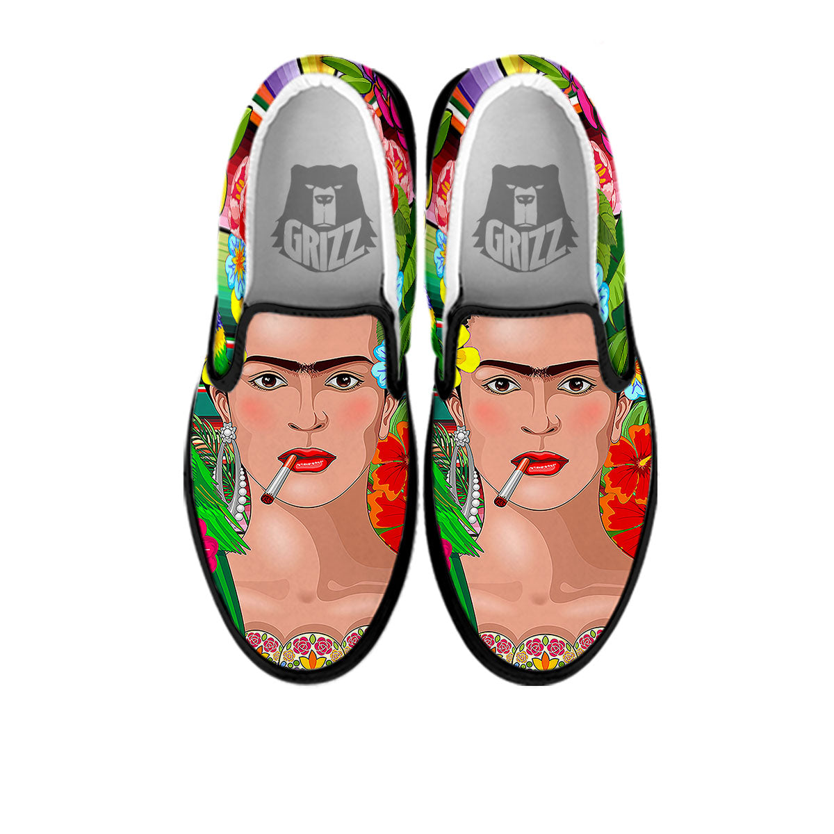 Serape Frida Kahlo Print Black Slip On Shoes-grizzshop