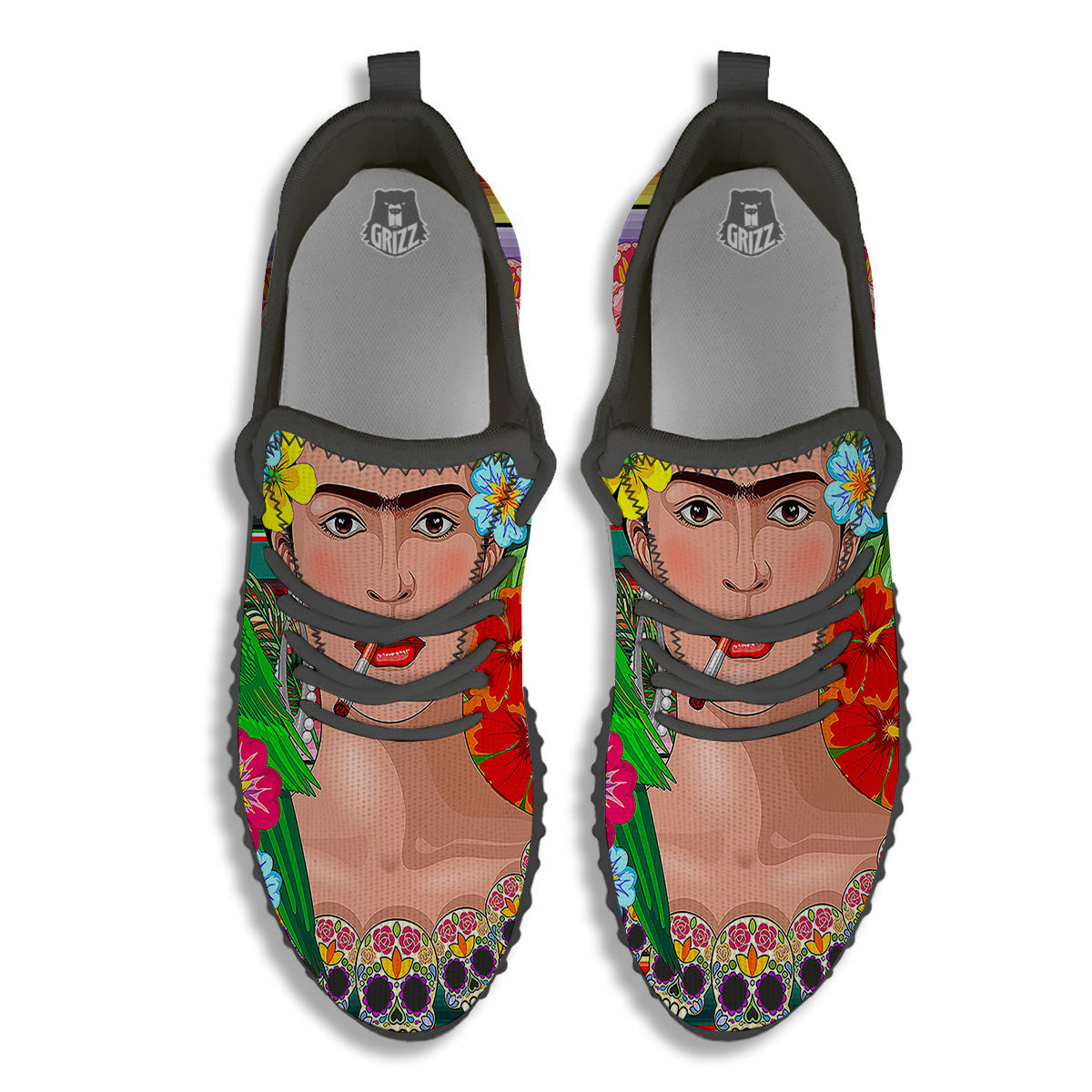 Serape Frida Kahlo Print Black Walking Shoes-grizzshop