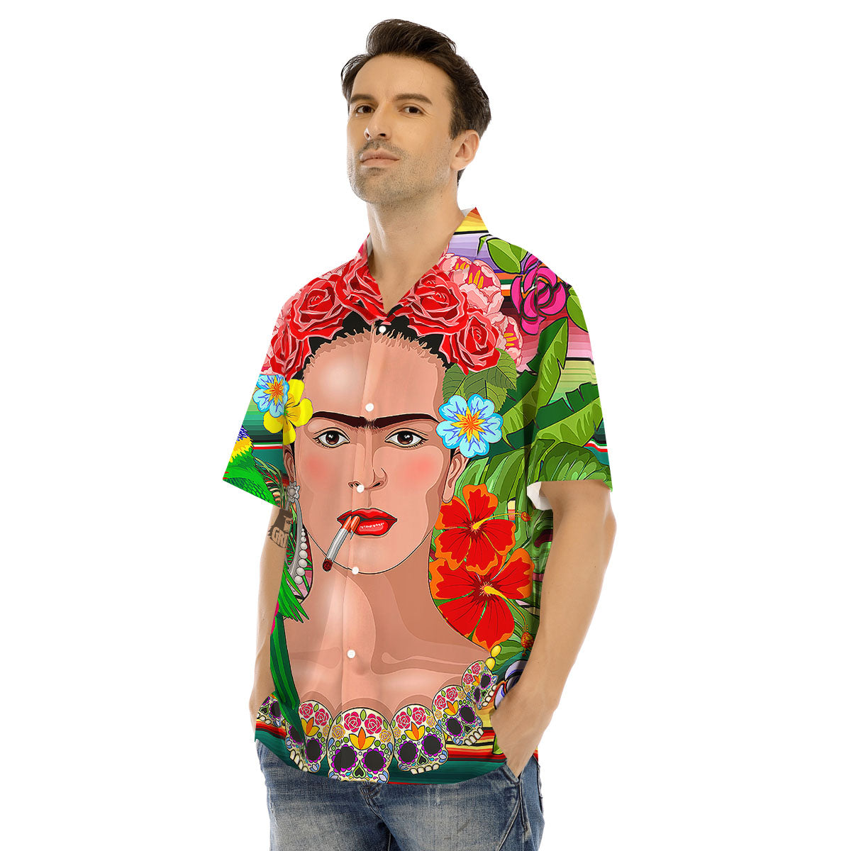 Serape Frida Kahlo Print Men's Hawaiian Shirt-grizzshop