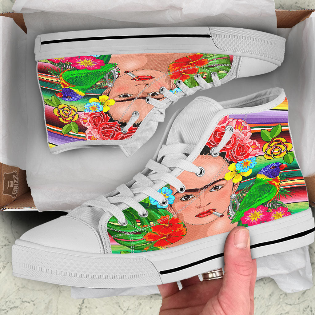 Serape Frida Kahlo Print White High Top Shoes-grizzshop