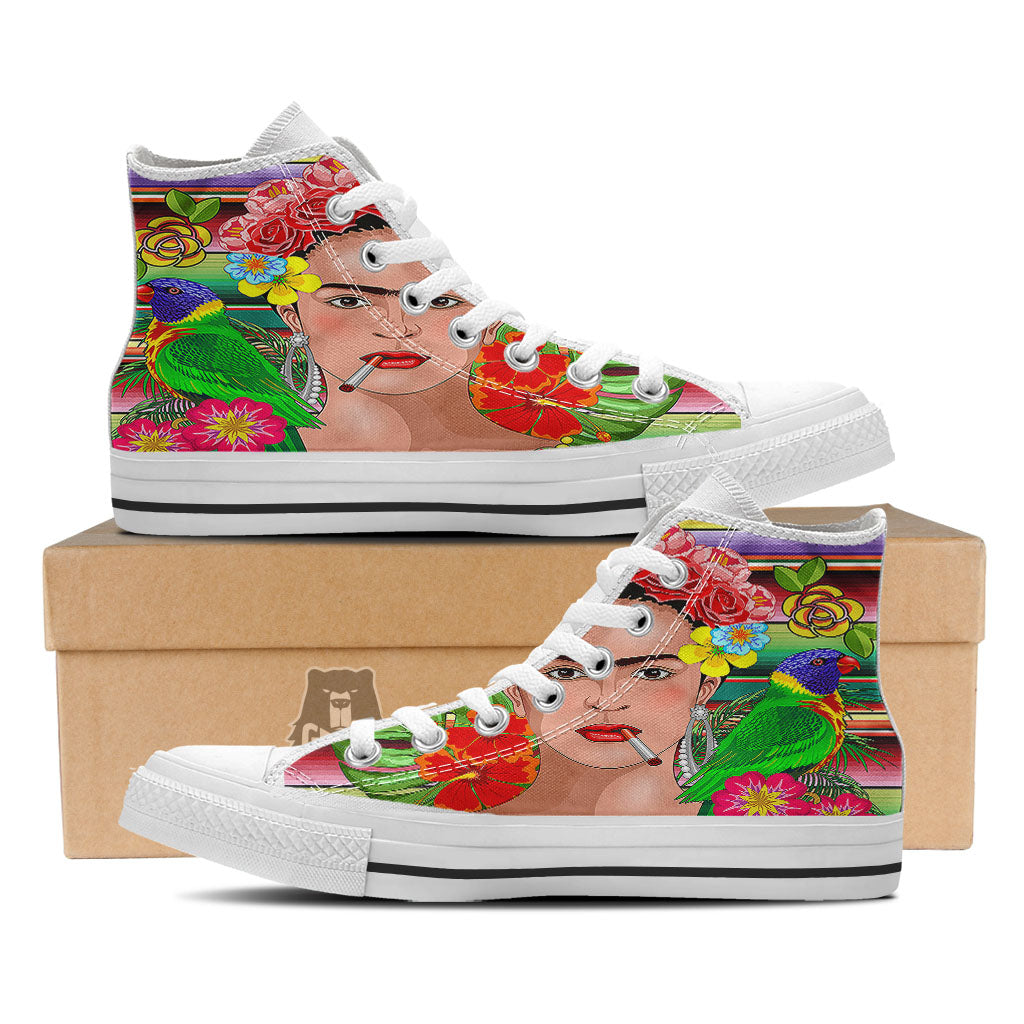 Serape Frida Kahlo Print White High Top Shoes-grizzshop