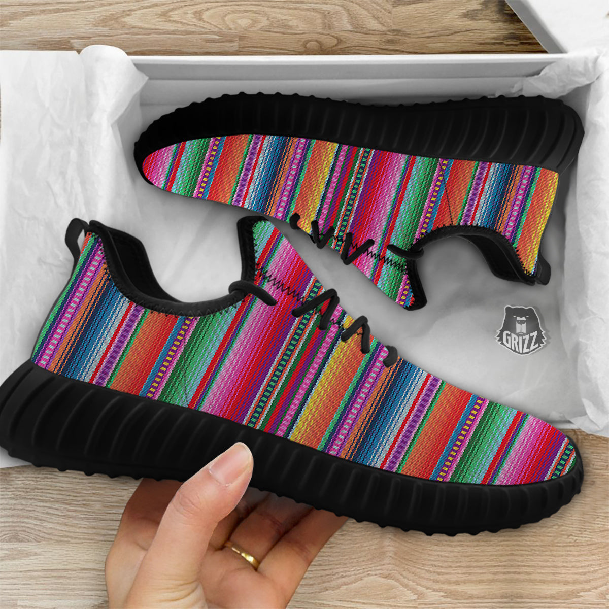 Serape Stripe Colorful Mexican Print Black Walking Shoes-grizzshop