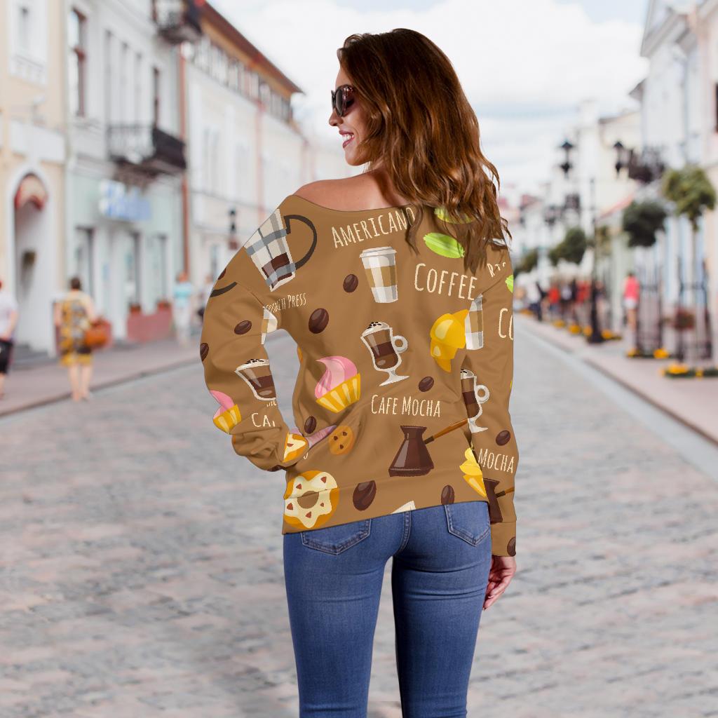Set Coffee Pattern Print Women Off Shoulder Sweatshirt-grizzshop