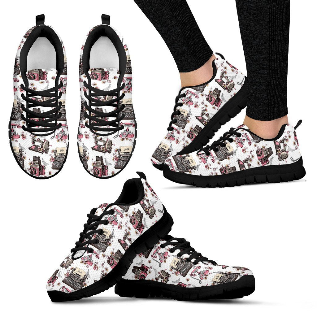 Sewing Machine Print Pattern Black Sneaker Shoes For Men Women-grizzshop