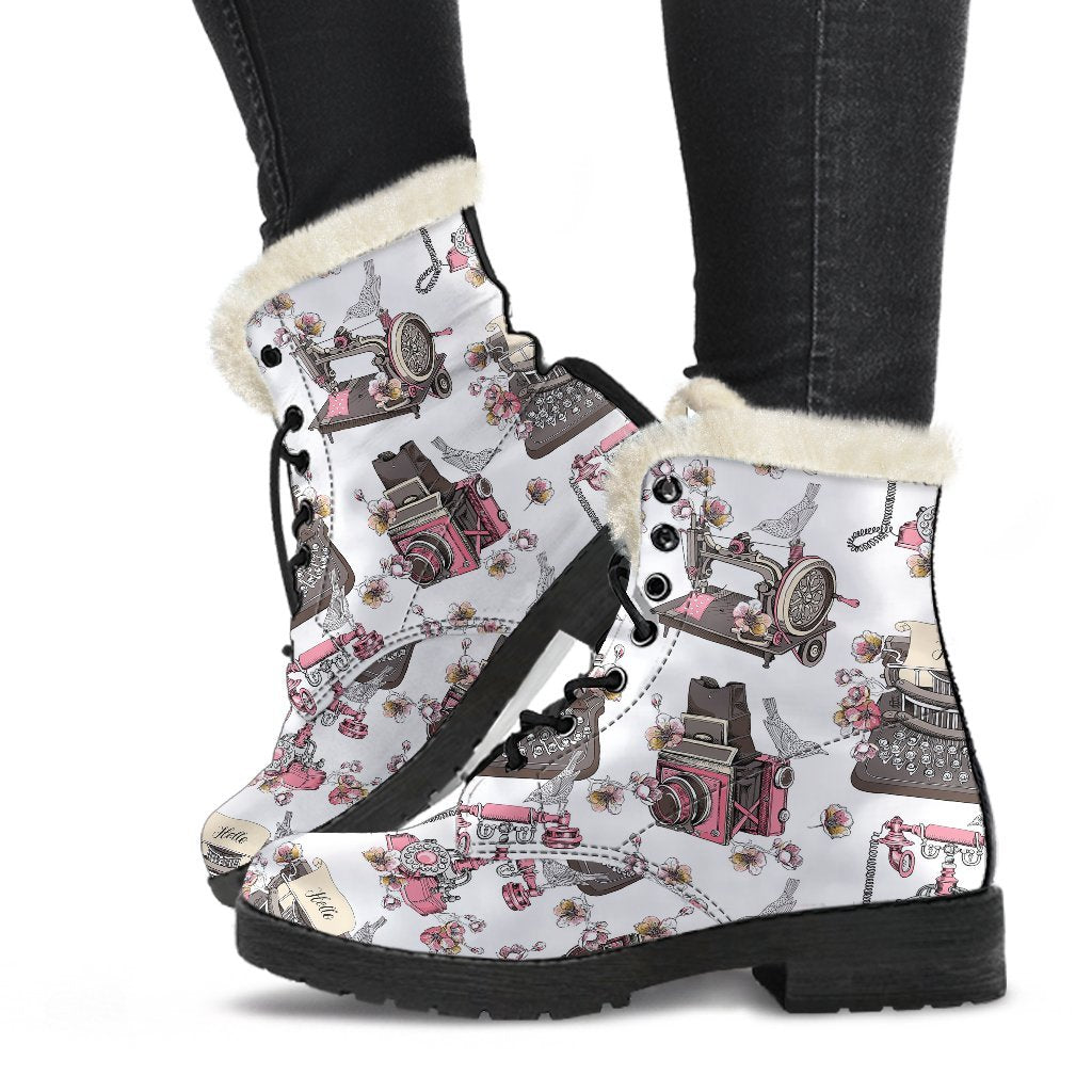 Sewing Machine Print Pattern Comfy Winter Boots-grizzshop