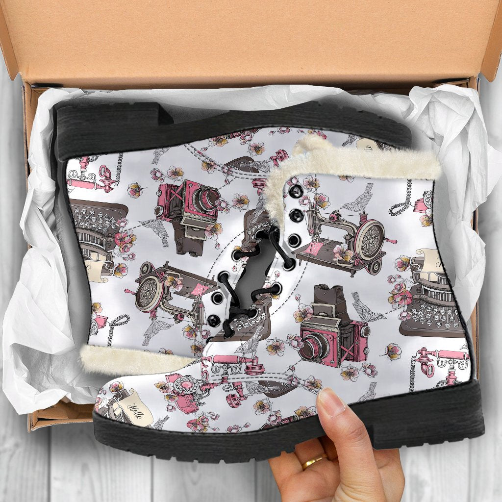 Sewing Machine Print Pattern Comfy Winter Boots-grizzshop