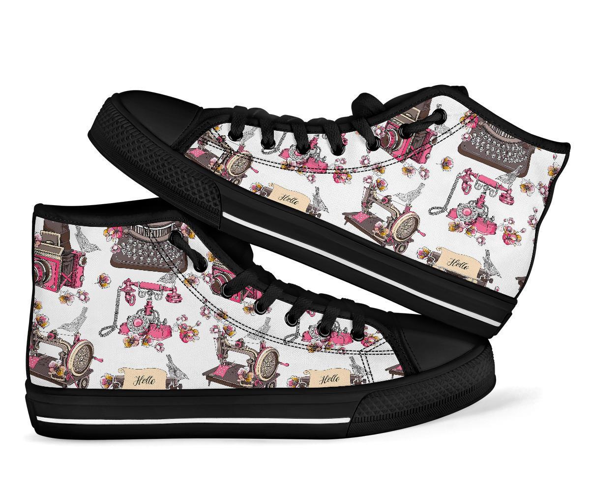 Sewing Machine Print Pattern Men Women's High Top Shoes-grizzshop