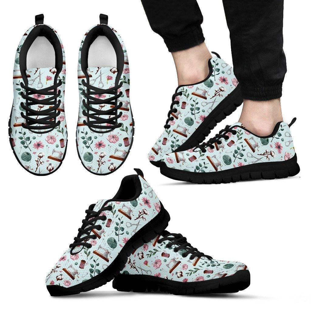 Sewing Pattern Print Black Sneaker Shoes For Men Women-grizzshop