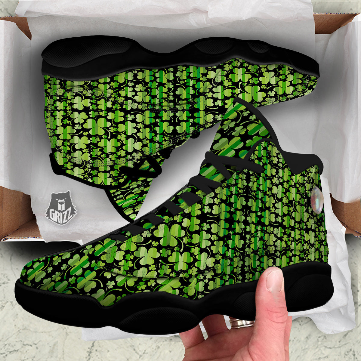 Shamrock Green And Black Print Pattern Black Basketball Shoes-grizzshop