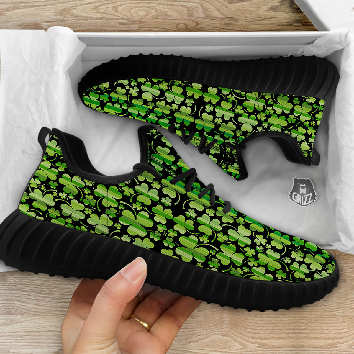Shamrock Green And Black Print Pattern Black Walking Shoes-grizzshop