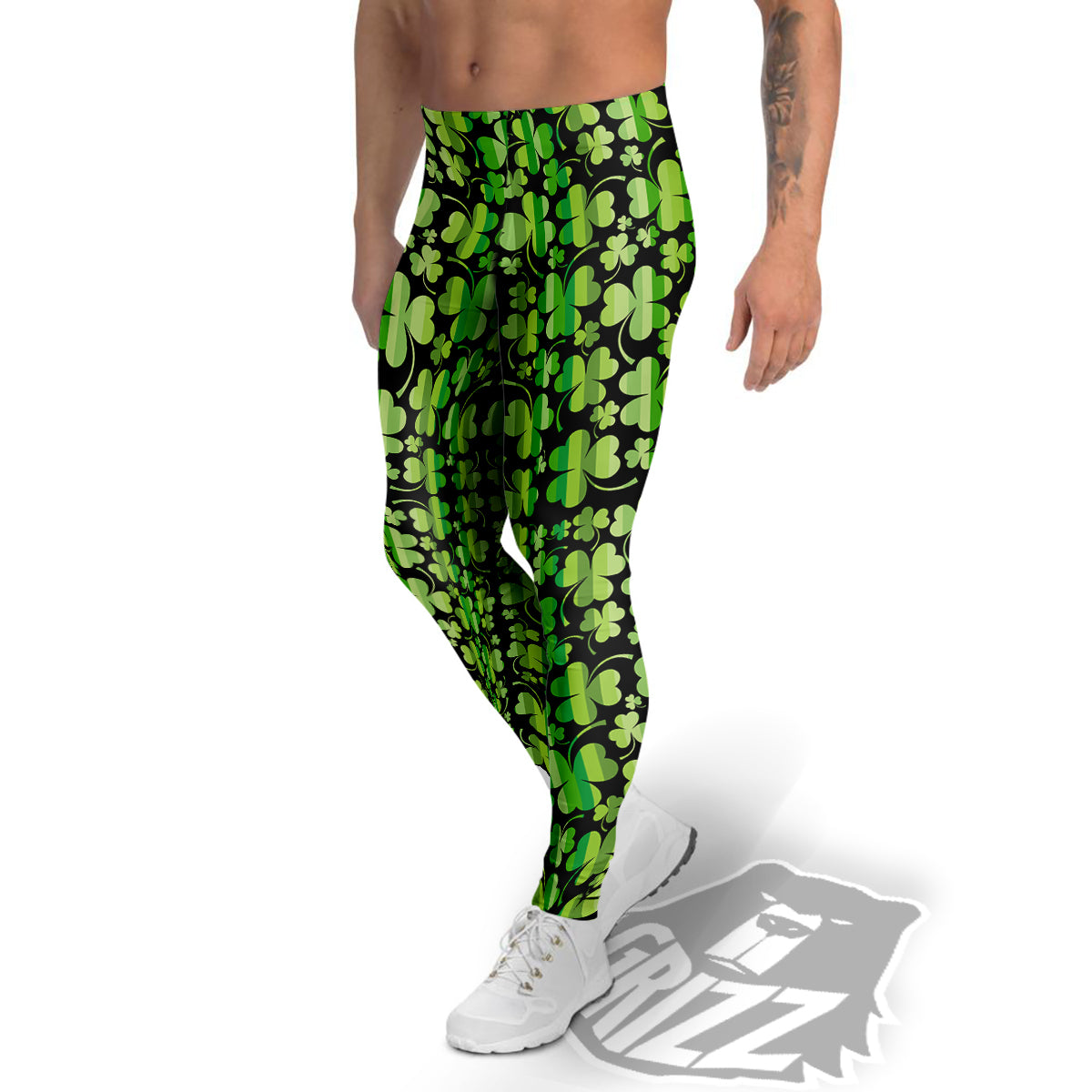 Shamrock Green And Black Print Pattern Men's Leggings-grizzshop