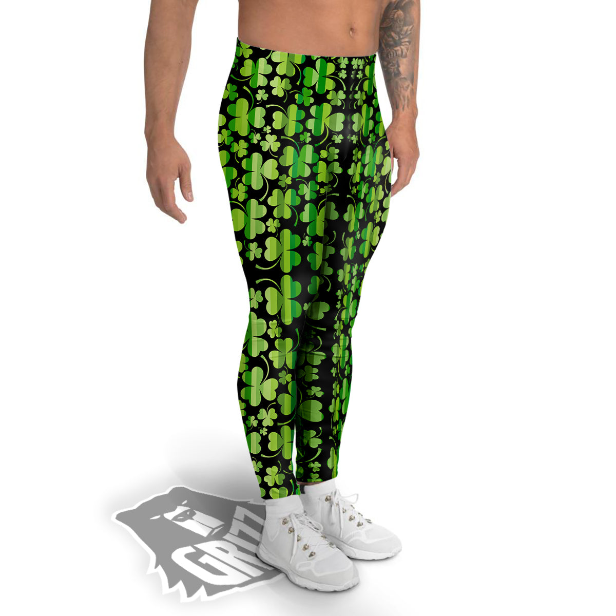 Shamrock Green And Black Print Pattern Men's Leggings-grizzshop