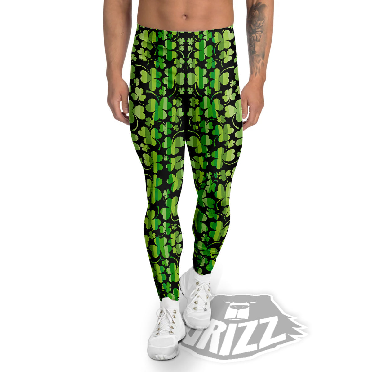 Shamrock Green And Black Print Pattern Men's Leggings-grizzshop