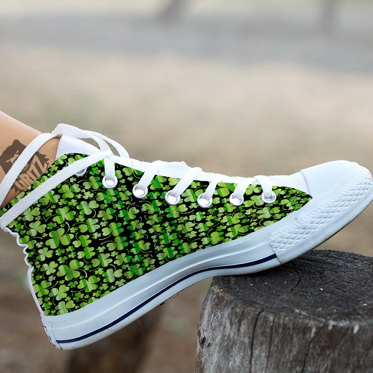 Shamrock Green And Black Print Pattern White High Top Shoes-grizzshop