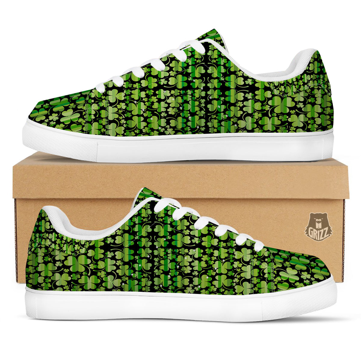 Shamrock Green And Black Print Pattern White Low Top Sneakers-grizzshop