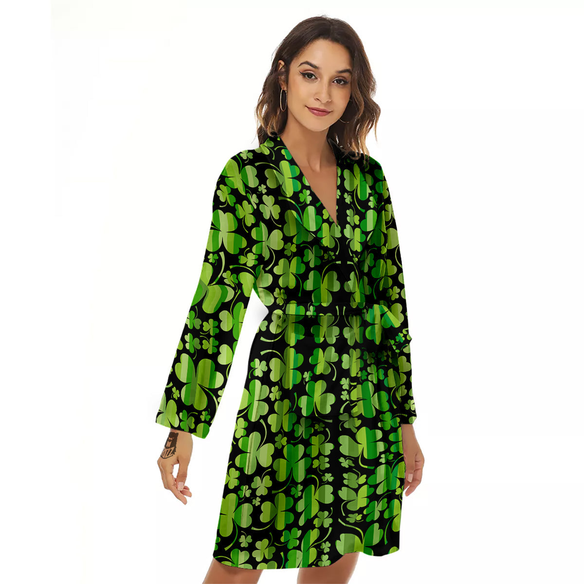 Shamrock Green And Black Print Pattern Women's Robe-grizzshop