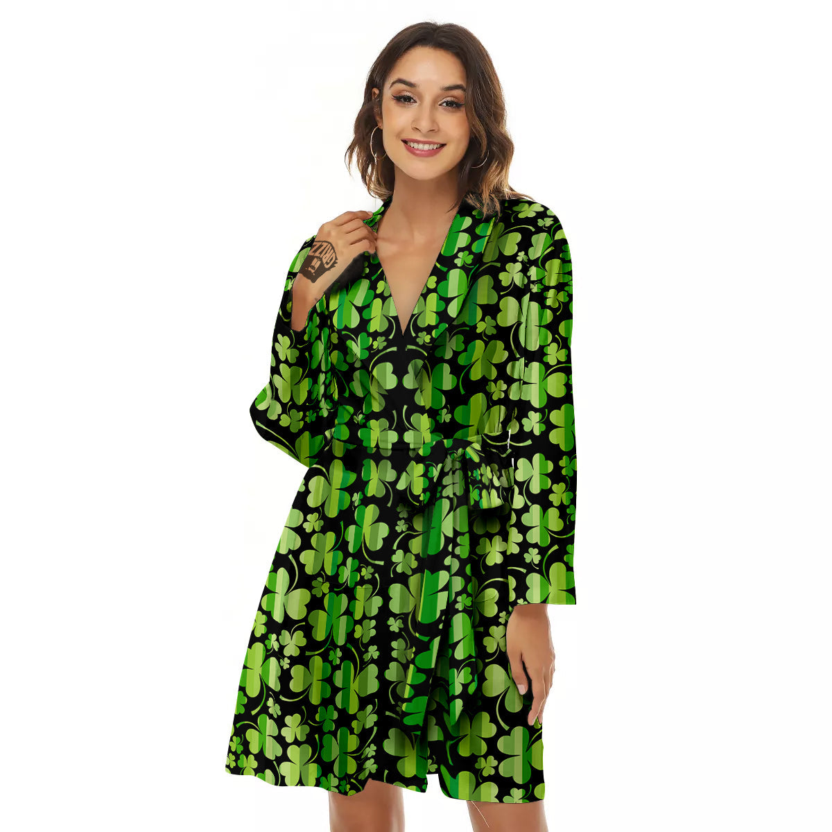 Shamrock Green And Black Print Pattern Women's Robe-grizzshop