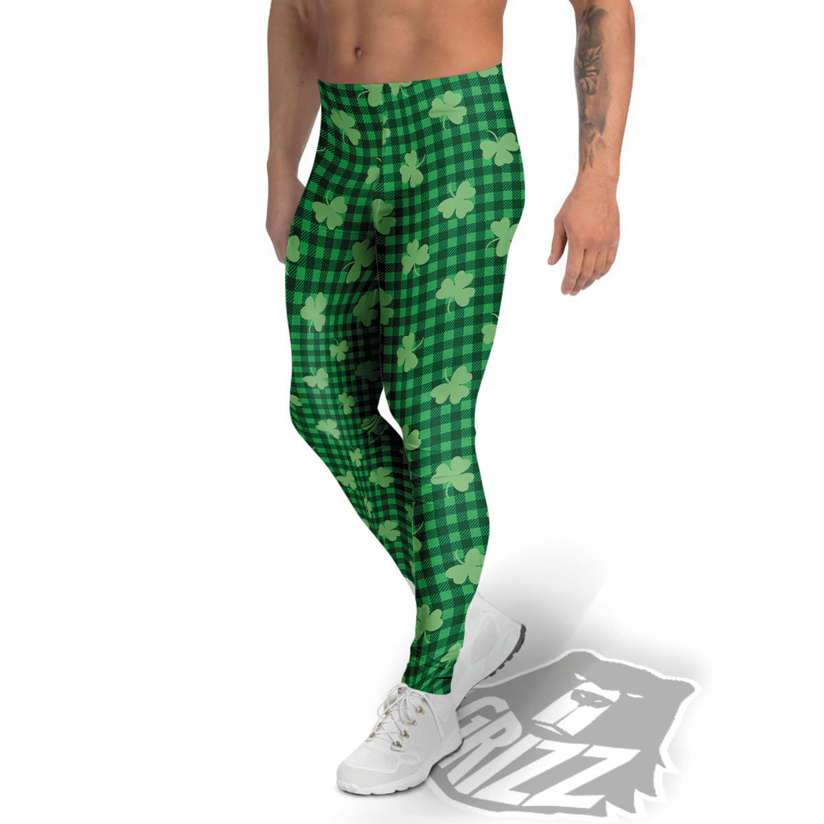 Shamrock Green Plaid Print Pattern Men's Leggings-grizzshop