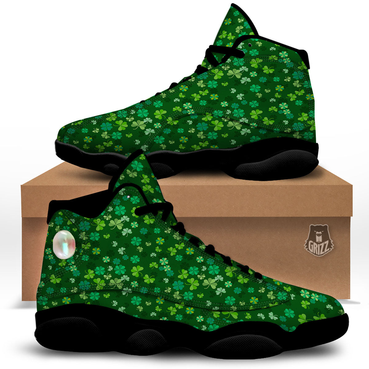 Shamrock Leaf Green Print Pattern Black Basketball Shoes-grizzshop