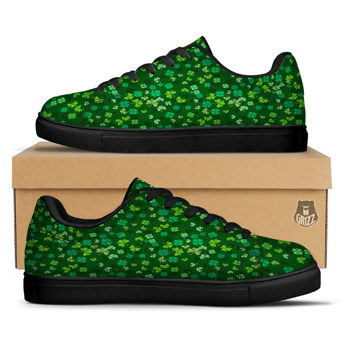 Shamrock Leaf Green Print Pattern Black Low Top Sneakers-grizzshop