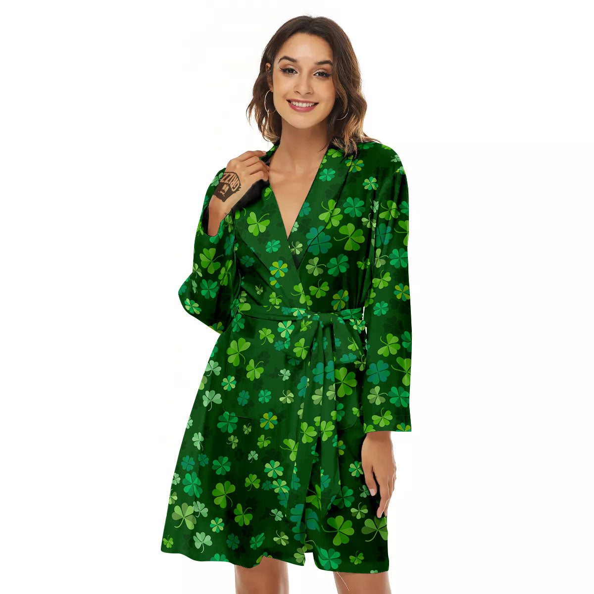 Shamrock Leaf Green Print Pattern Women's Robe-grizzshop