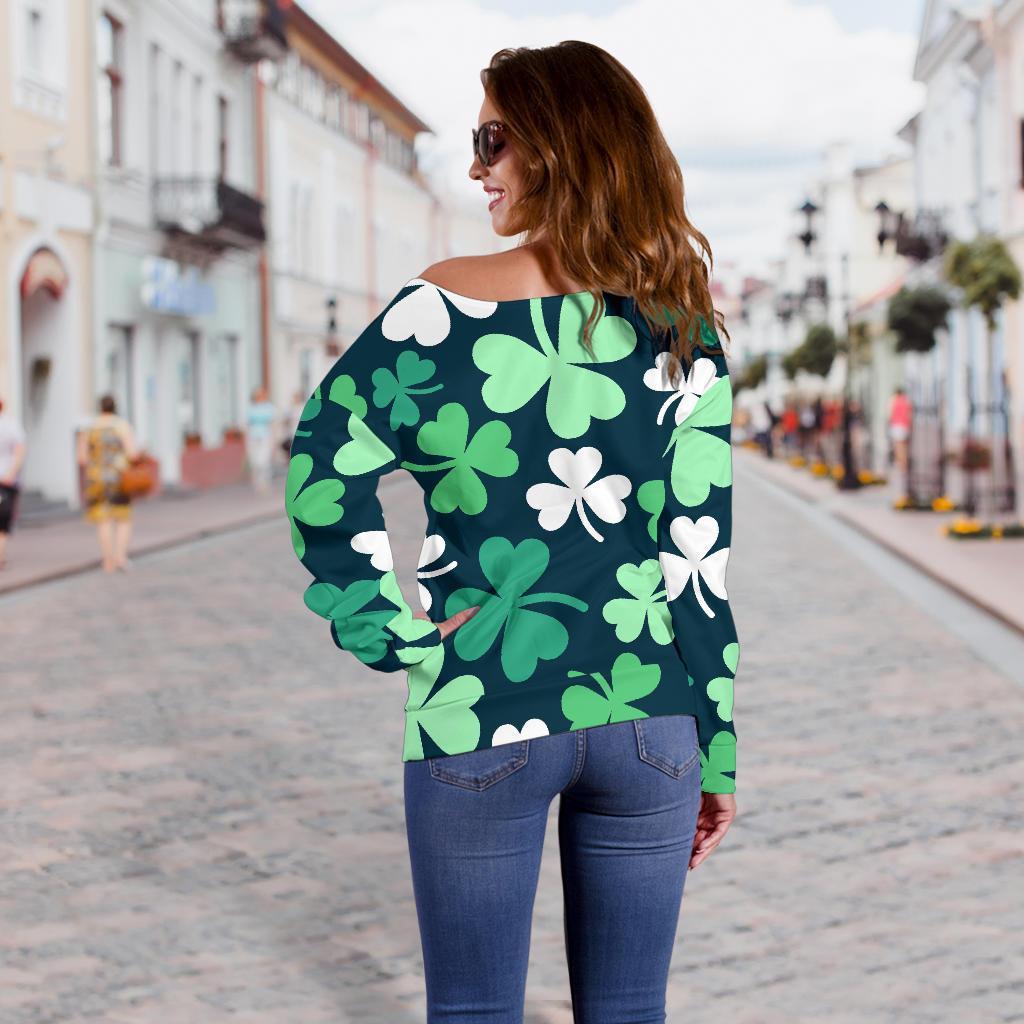 Shamrock Pattern Print Women Off Shoulder Sweatshirt-grizzshop